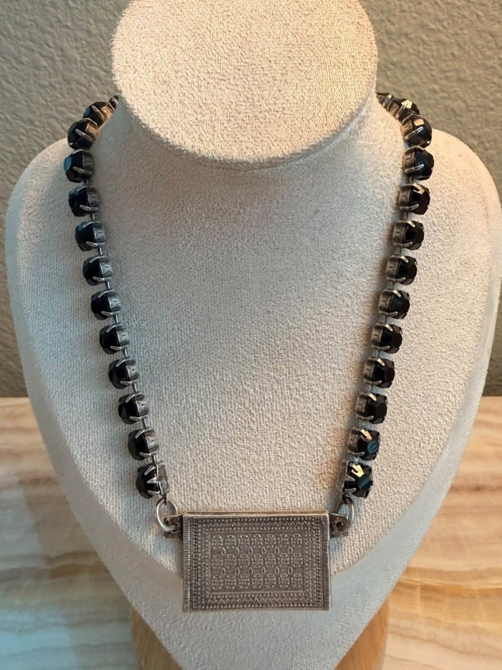 French Kande Silver & Jet Black Swarovski Crystal Necklace With Pendant